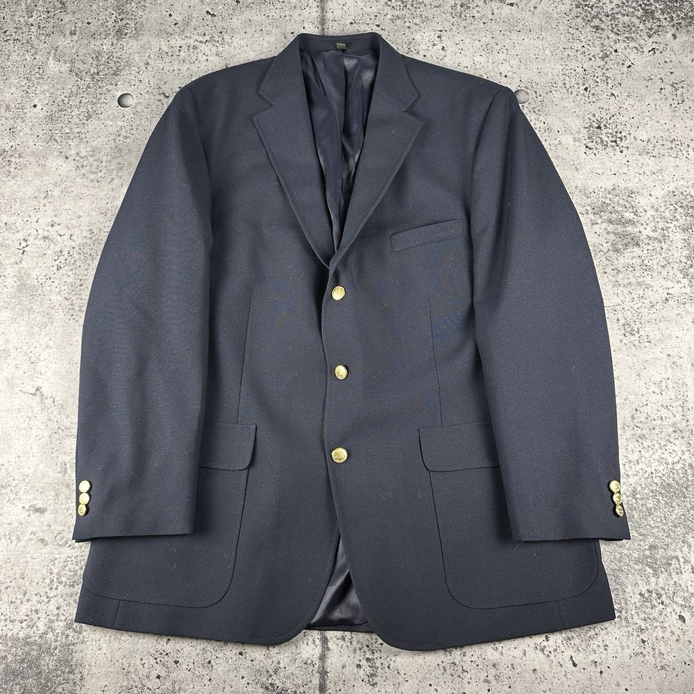 Orvis Blazer Mens 46L Navy Wool Blend 3‎ Button Gold Buttons Sport Coat